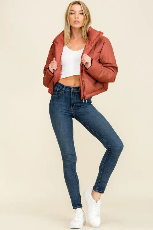 Cognac Faux Leather Long Sleeve Fluffy Puffer Jackets