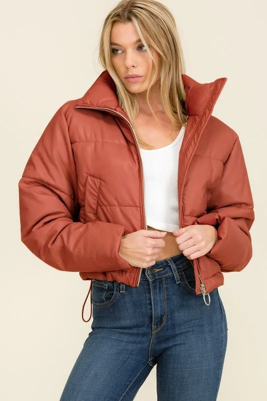 Cognac Faux Leather Long Sleeve Fluffy Puffer Jackets
