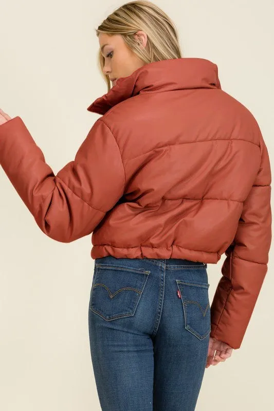 Cognac Faux Leather Long Sleeve Fluffy Puffer Jackets